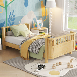 Twin Solid Pine Low Profile Kids Bed with Full Guardrail System and Rounded Safe Corners