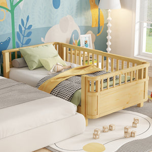 Twin Solid Pine Low Profile Kids Bed with Full Guardrail System and Rounded Safe Corners