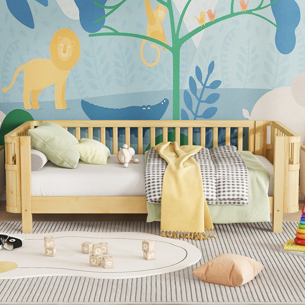 Twin Solid Pine Low Profile Kids Bed with Full Guardrail System and Rounded Safe Corners