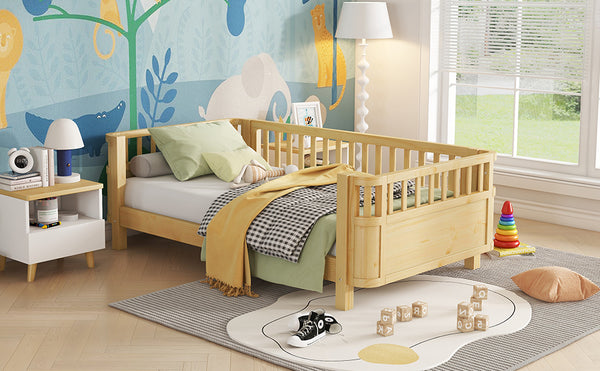 Twin Solid Pine Low Profile Kids Bed with Full Guardrail System and Rounded Safe Corners