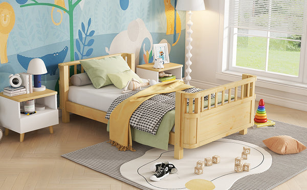 Twin Solid Pine Low Profile Kids Bed with Full Guardrail System and Rounded Safe Corners