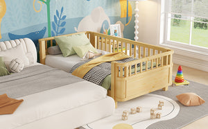 Twin Solid Pine Low Profile Kids Bed with Full Guardrail System and Rounded Safe Corners