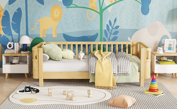 Twin Solid Pine Low Profile Kids Bed with Full Guardrail System and Rounded Safe Corners