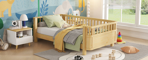 Twin Solid Pine Low Profile Kids Bed with Full Guardrail System and Rounded Safe Corners
