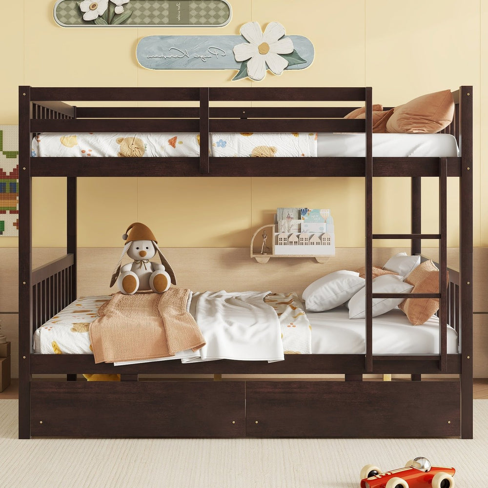 English Elm Full Full Over Full Rubber Wood Bunk Bed With 2 Storage Drawers, Convertible Into 2 Separate Beds, Espresso W504S00196