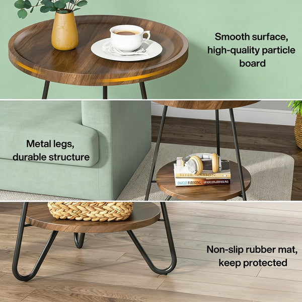 English Elm Chic Two-tier Round End Table with Metal Frame and Open Shelf for Living Room T3971P449208