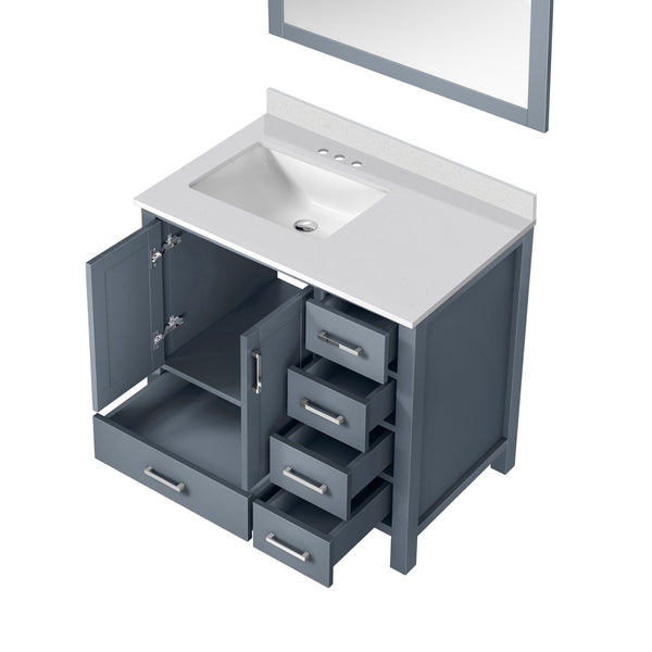 English Elm Dark Grey Bath Vanity Set With Left Offset Quartz Top, Soft-Close Drawers & Matching Mirror Included B2731S00685