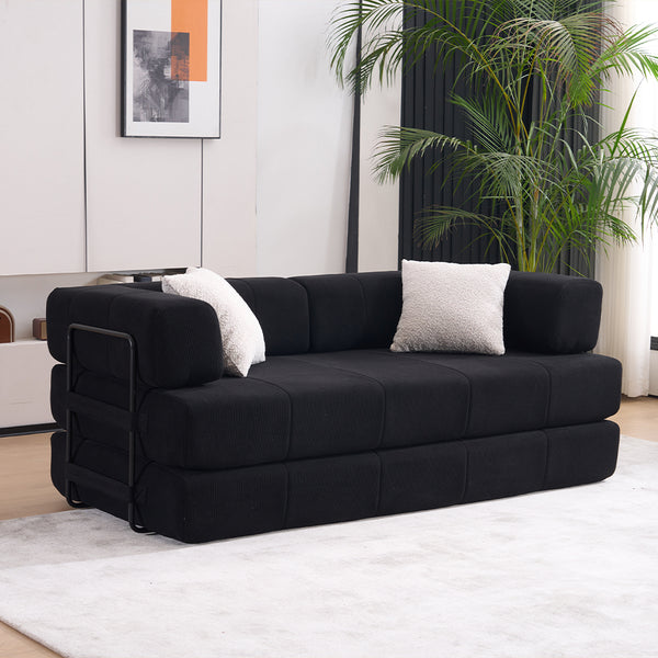 English Elm Folding Sofa Bed with Corduroy Cover, 78.5" Convertible Futon Couch, No-Assembly Foam Spring Mattress, Compact Sleeper for Living Room Black W2915P276677