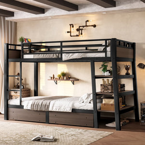 English Elm Full Size Metal Loft Bed with Stair Storage Shelves Bookshelf for Dorms Bedroom W1580S00346