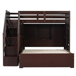 English Elm Twin Over Full Bunk Bed with Wardrobe Storage Stairs Shelves and Usb Charging Espresso LT000292AAP