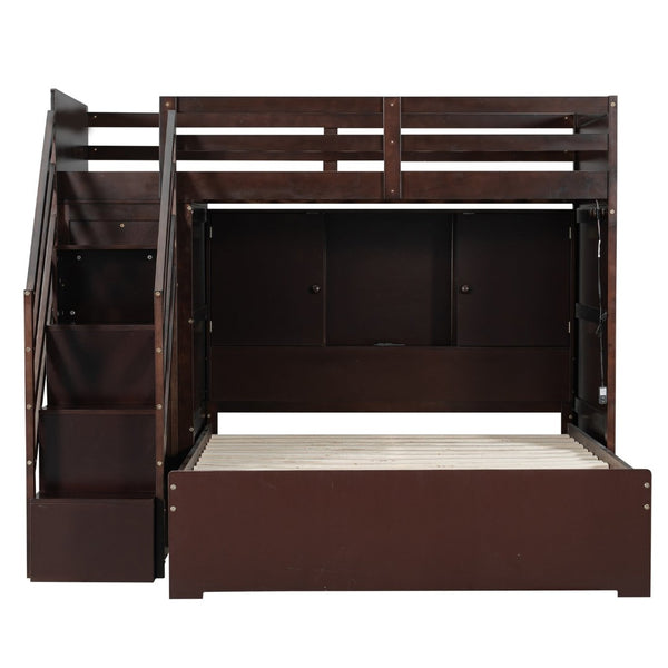 English Elm Twin Over Full Bunk Bed with Wardrobe Storage Stairs Shelves and Usb Charging Espresso LT000292AAP