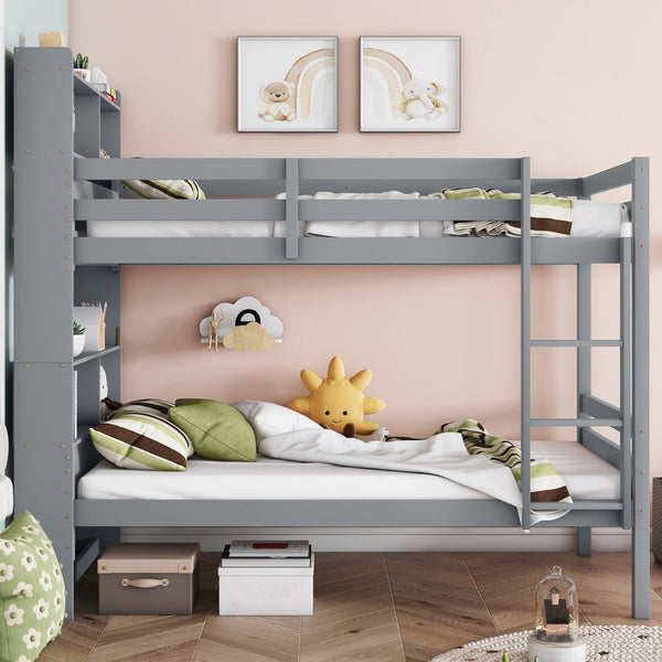 English Elm Twin Over Twin Bunk Bed With Storage Shelves, Safety Guardrails, Ladder & Convertible Design In Grey W504S00213-GIGA