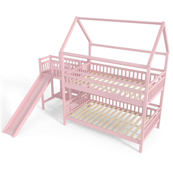 English Elm Full Bunk Bed with Trundle Bookshelf Storage Pine Frame Car Design for Kids Pink W1580S00304