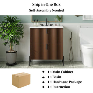 English Elm Christopher Knight Home® - 30" Elegant Freestanding Bathroom Vanity With Glossy Ceramic Sink, Soft-Close Drawers & Fluted Design N817P288931D