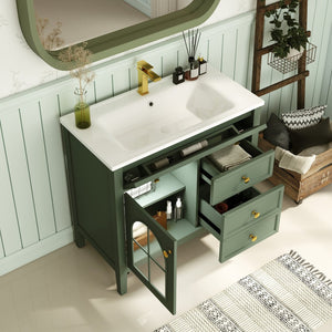 English Elm 35.6" Freestanding Bathroom Vanity with Roman Column Base and Ceramic Integrated Sink Green W1801S00010