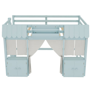 English Elm Full Loft Bed With Playful Cottage Design, Built-In Bookshelf, Curtain & Safety Guardrails For Kids W1580S00360