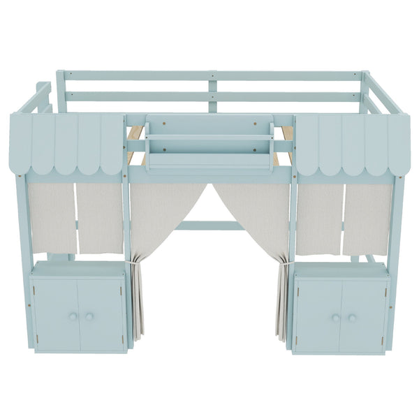 English Elm Full Loft Bed With Playful Cottage Design, Built-In Bookshelf, Curtain & Safety Guardrails For Kids W1580S00360