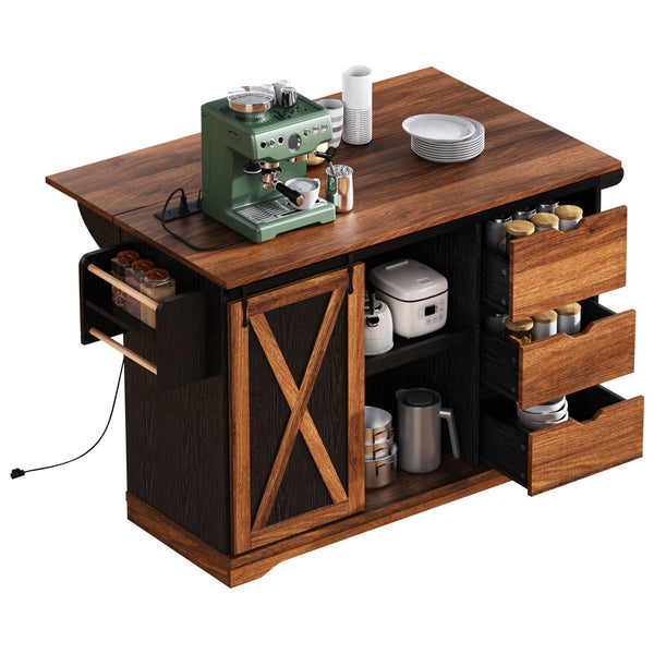 English Elm K&K 55.5" Farmhouse Kitchen Island with Sliding Barn Door, Drop Leaf, Charging Station, Wheels Black N707P288229B