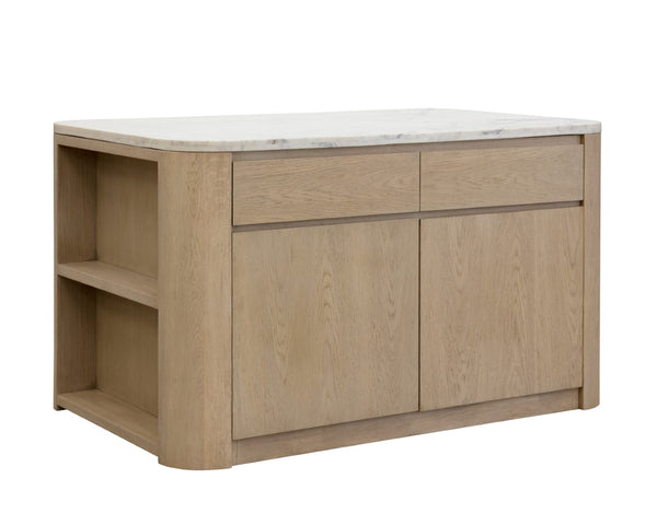 Sunpan ROMILLY Kitchen Island with White Marble Top - Elegant 62" Oak Base & Smart Storage Solution 112362