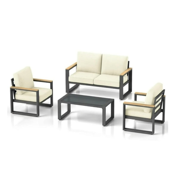 English Elm All-weather Aluminum Patio Conversation Set with Deep Cushions and Tempered Glass Table Beige+Grey B082S00117