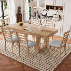 English Elm 7 Piece Farmhouse Dining Set Oak Veneer Extendable Table Six Upholstered Chairs Beige,Natural N752S000090N-1