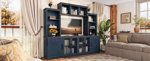 English Elm Wall Unit Entertainment Center with Built in Charging Mdf Media Console Open Shelving Blue W1580S00437