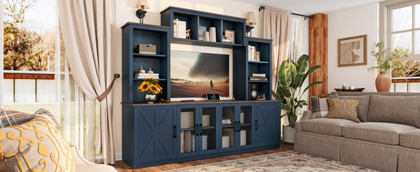 English Elm Wall Unit Entertainment Center with Built in Charging Mdf Media Console Open Shelving Blue W1580S00437