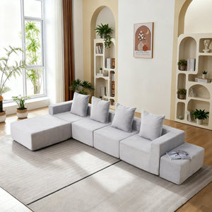 English Elm L-shaped Modular Sectional with Ottoman Corduroy Upholstery Four Seat Living Room Sofa Gray W2699S00082