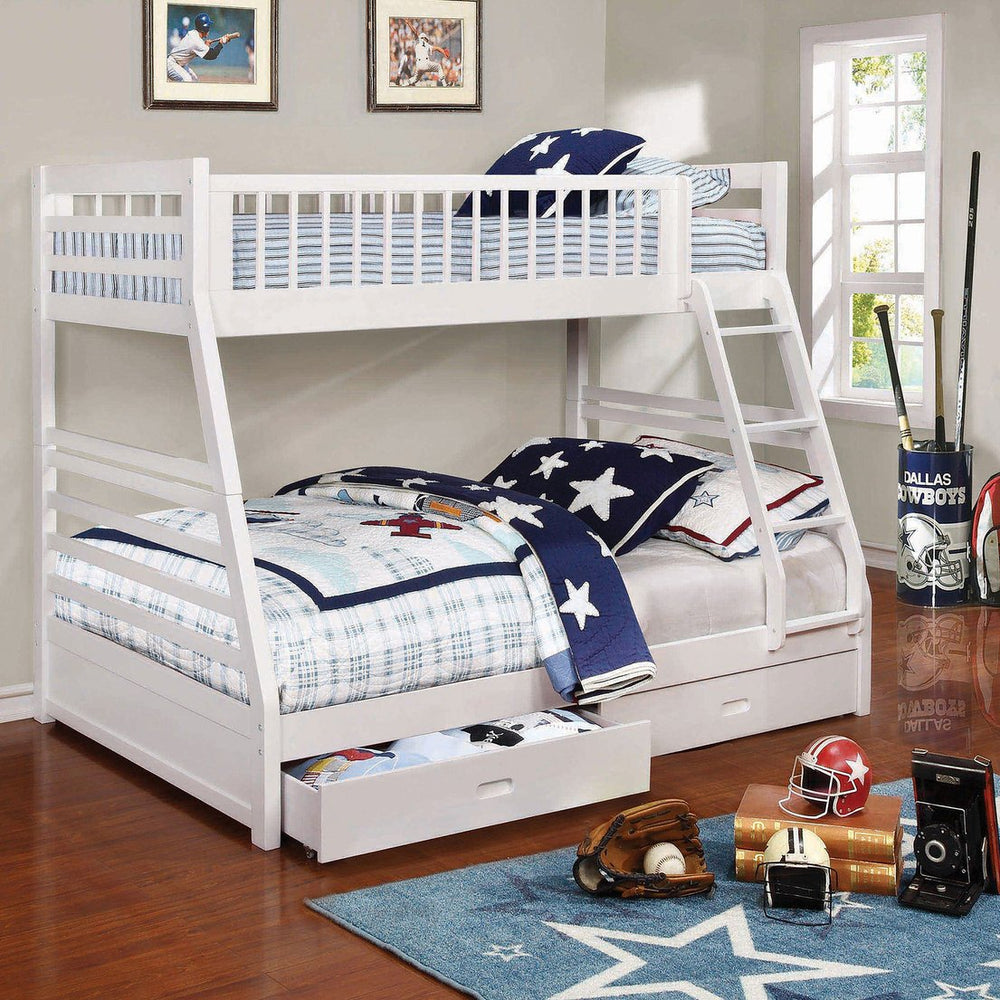 English Elm Newhall Twin Over Full Bunk Bed with Two Rolling Storage Drawers, Solid Wood Frame for Guests and Kids White B062S01293
