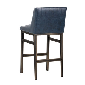 Sunpan Halden Urban Bar Stool with Bold Channel Tufting and Rustic Bronze Steel Frame for Stylish Spaces Vintage Blue