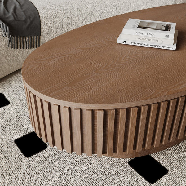 English Elm 47'' Oval Storage Coffee Table Fluted Wood Veneer Lift Lid Sculptural Living Room Accent Walnut W1435P293223