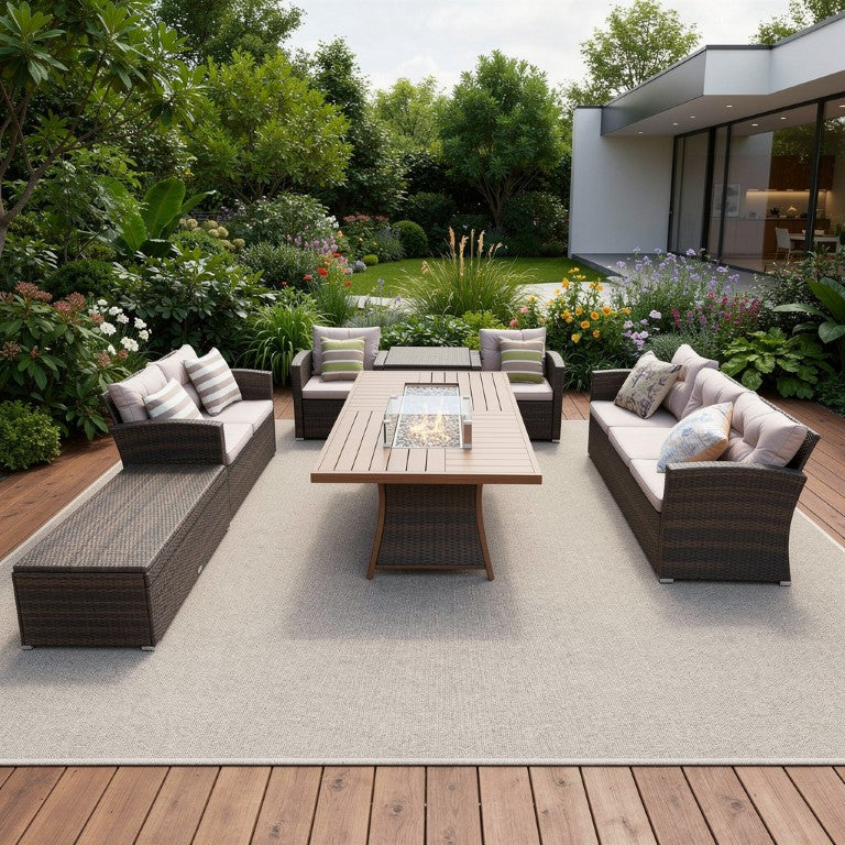 HomeRoots Seven Piece Wicker Outdoor Sectional with Fire Pit Table for Patio Entertaining 424251