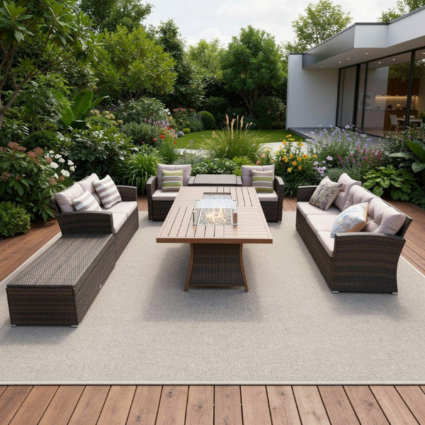 Seven Piece Wicker Outdoor Sectional with Fire Pit Table for Patio Entertaining