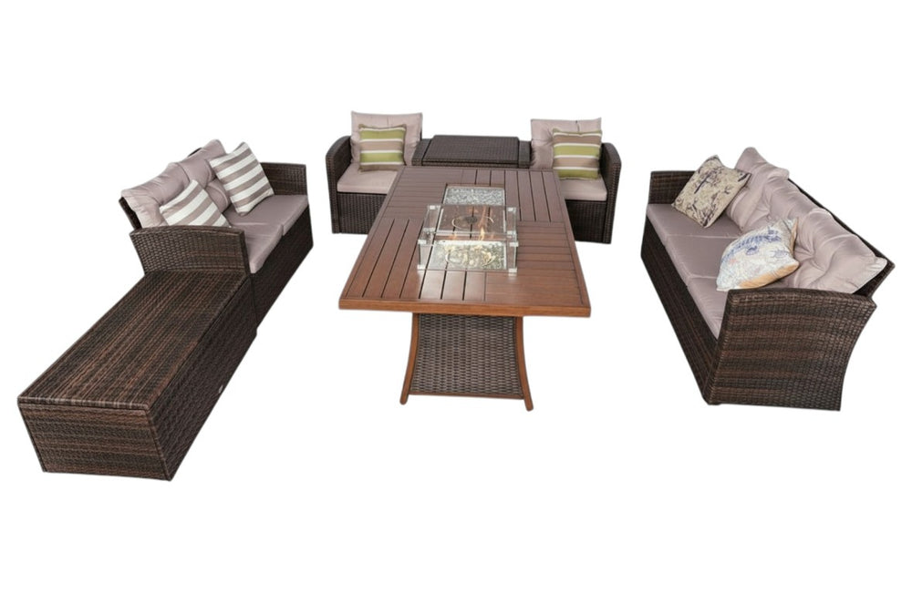 HomeRoots Seven Piece Wicker Outdoor Sectional with Fire Pit Table for Patio Entertaining 424251