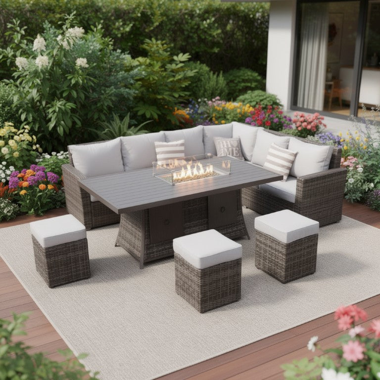 HomeRoots Eight Piece Outdoor Wicker Sectional with Fire Pit Table and Plush Cushions 424253