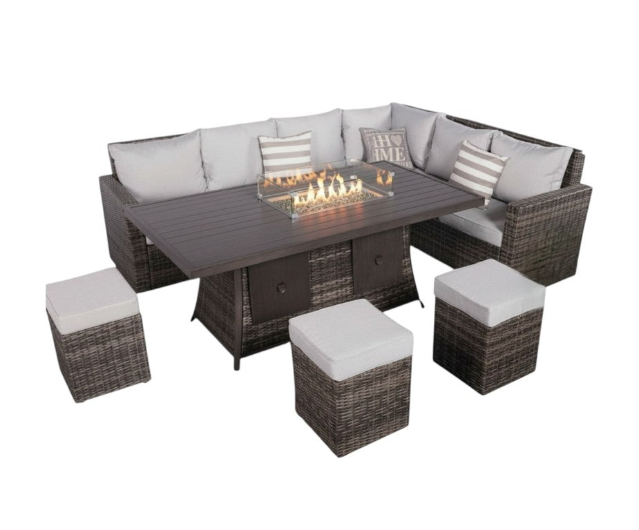 HomeRoots Eight Piece Outdoor Wicker Sectional with Fire Pit Table and Plush Cushions 424253