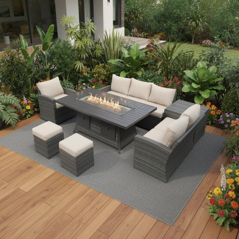 HomeRoots Seven Piece Outdoor Wicker Sectional Set with Fire Pit Table and Upholstered Cushions for Patio Brown 80" W x 30" H x 48" D 424254