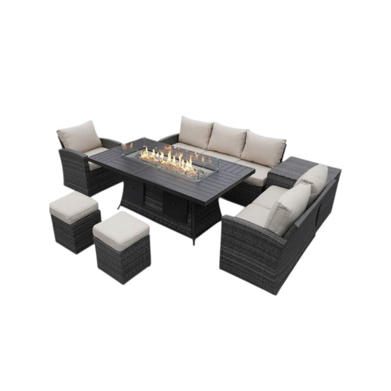 HomeRoots Seven Piece Outdoor Wicker Sectional Set with Fire Pit Table and Upholstered Cushions for Patio Brown 80" W x 30" H x 48" D 424254