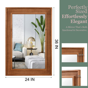 English Elm Natural Rattan Wrapped Solid Wood Frame Rectangle Mirror for Farmhouse Entryway Bath Yellowish-Brown W2203P436625