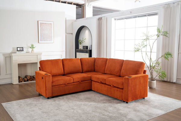 English Elm Sectional Corduroy Sleeper Sofa with Storage and Charging Ports for Small Spaces Orange W1361S00076