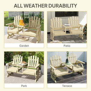 English Elm Outsunny Rustic Fir Wood 2 Seat Garden Bench with Wagon Wheel Legs and Center Table W2225P485566