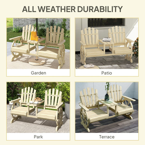 English Elm Outsunny Rustic Fir Wood 2 Seat Garden Bench with Wagon Wheel Legs and Center Table W2225P485566