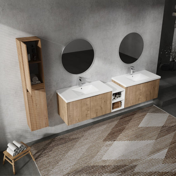 English Elm 84" Wall-Mounted Bathroom Vanity Set With Soft-Close Doors, Dual Sinks & Abundant Storage Space W999S00233