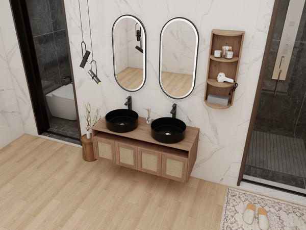 English Elm 48" Floating Bathroom Vanity Oak Finish Dual Ceramic Sinks Four Soft Close Doors W999S00505