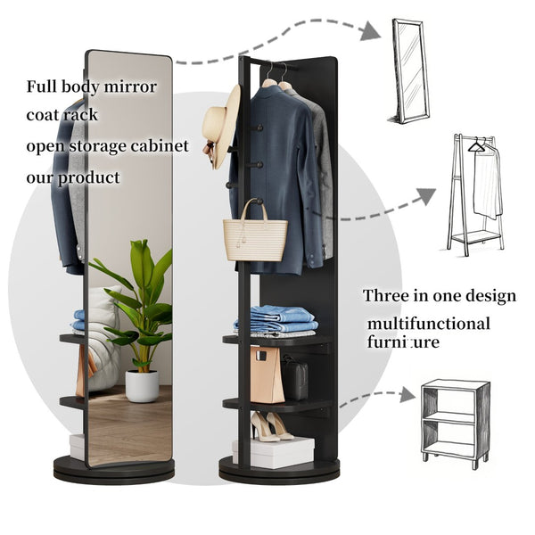 English Elm 360° Swivel Full Length Mirror with Coat Hooks Solid Rubberwood Frame Bedroom Entryway W2987P225480