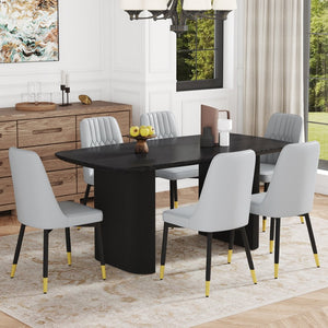 English Elm Table 7-Piece Modern Dining Set: Black Wood-Grain Table & 6 Light Gray Pu Chairs With Gold Accents W1151S04172-GIGA