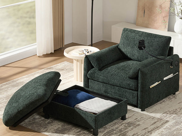 English Elm 37" Oversized Chenille Armchair with Ottoman Usb Charging Pocket Spring Living Room Green N723P387145F