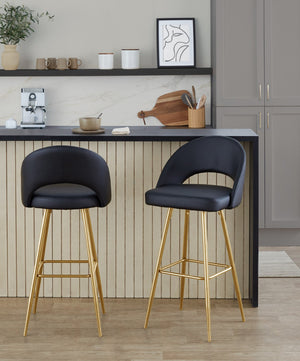 English Elm Fixed-height Metal Frame Barstools with Upholstered Seats and Geometric Footrest Set of 2 Black+Gold B202S01941