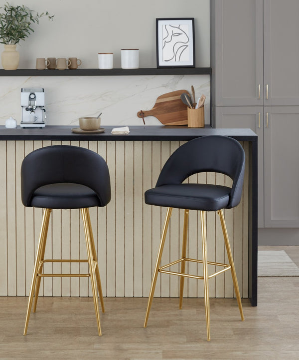 English Elm Fixed-height Metal Frame Barstools with Upholstered Seats and Geometric Footrest Set of 2 Black+Gold B202S01941