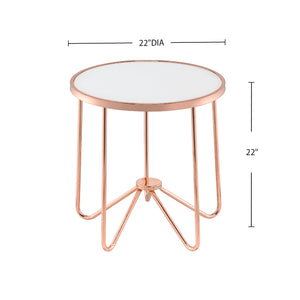 English Elm White White Frosted Glass Top Round Table with Retro Rose Gold Metal Base — Chic Accent End Table for Living Rooms, Durable Statement Piece B016P314016